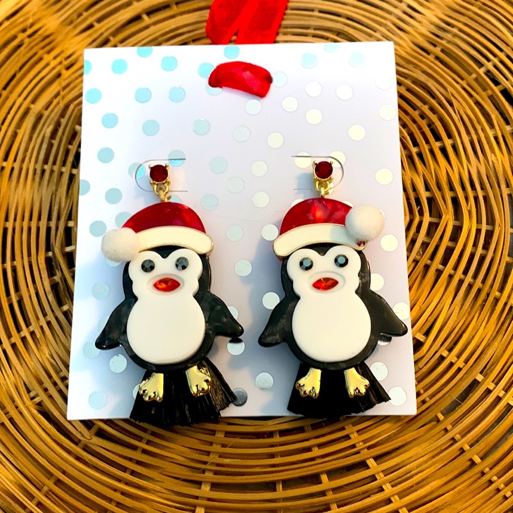 Christmas Hat Wearing Penguin Pom Pom Tassels Black Red Earrings Friends Gift